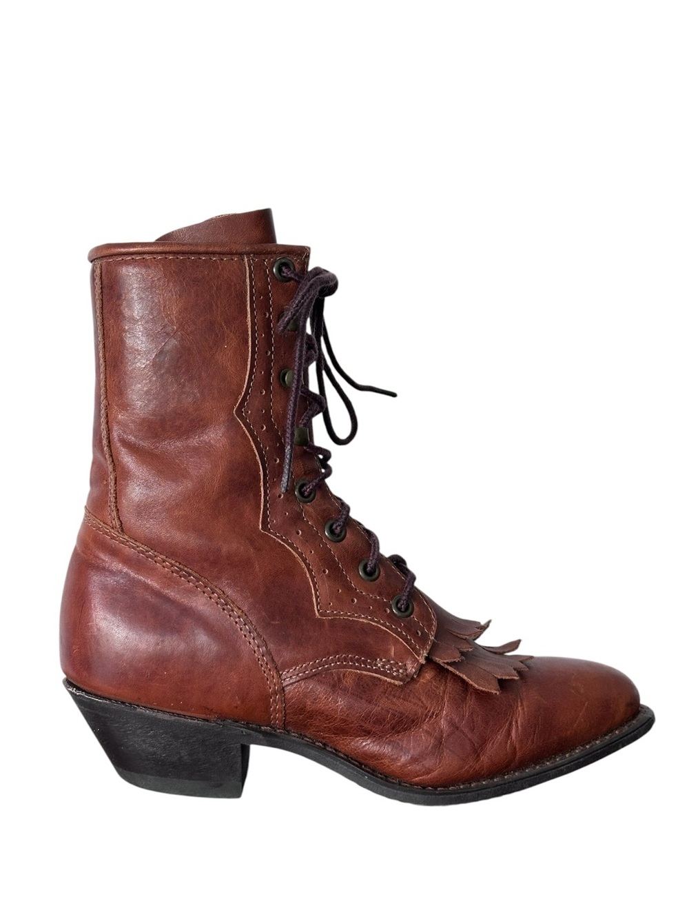 Durango Womens Vintage Brown Leather Lace-Up Packer Roper Boot Kiltie Fringe 6.5